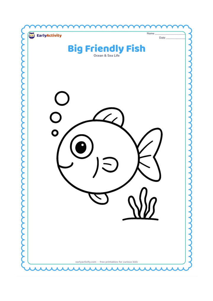 Colouring page: Draw one large, round-bodied fish facing left, with oversized eyes, clear fins, a wide tail and a few large bubbles. Leave the background open with only a small patch of seaweed beneath it.