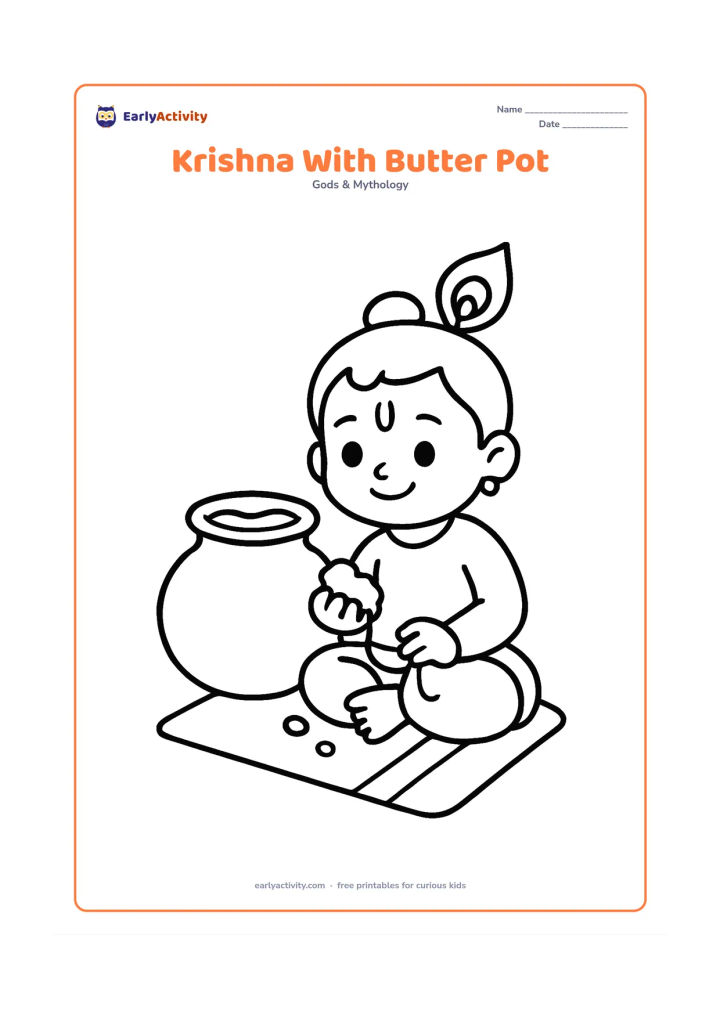 Colouring page: Baby Krishna sits beside a large round matki, holding a small lump of butter, with a few butter drops and a simple floor mat around him. Keep Krishna and the pot large and central.
