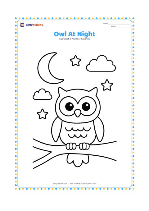 Colouring page: Draw a friendly owl perched on a broad branch beneath a large crescent moon and two simple clouds. Add a few large stars in the open sky.