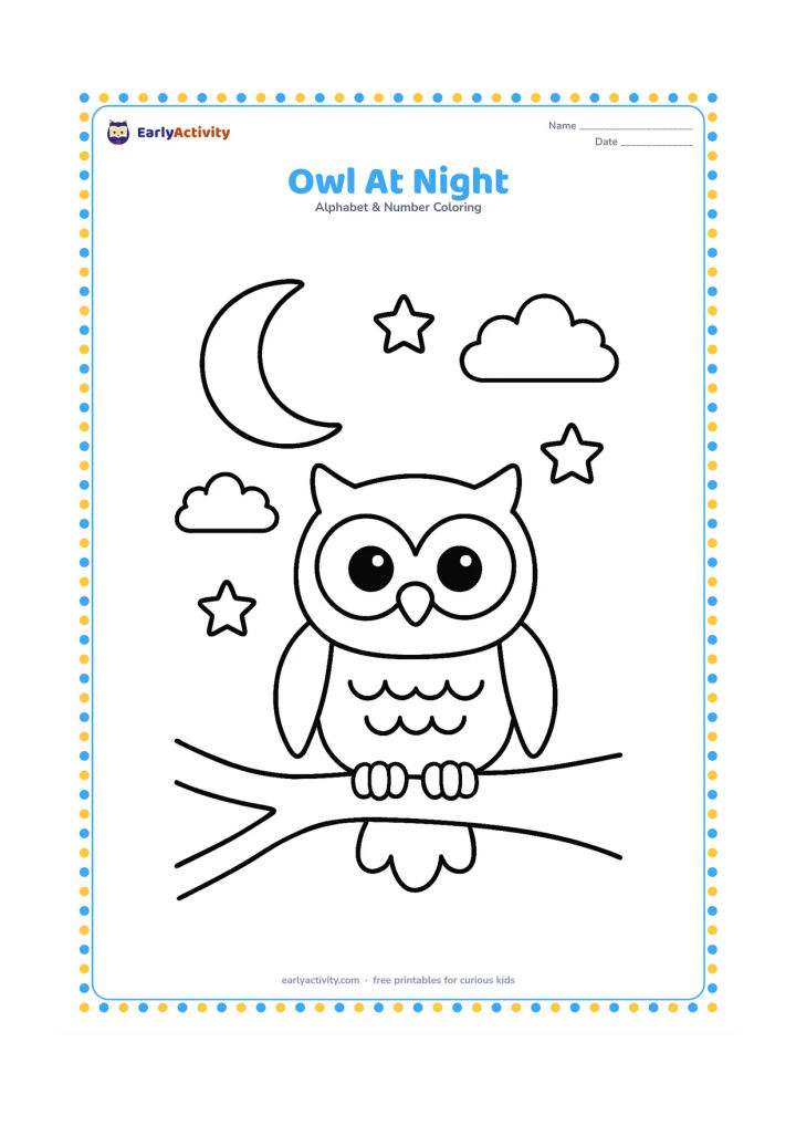Colouring page: Draw a friendly owl perched on a broad branch beneath a large crescent moon and two simple clouds. Add a few large stars in the open sky.