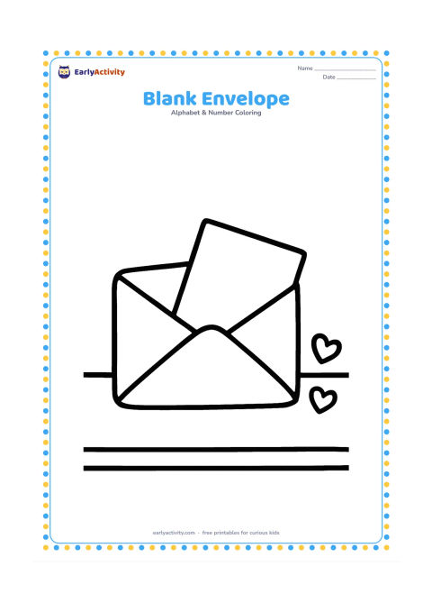 Colouring page: Draw a large closed envelope with a triangular flap and a small blank sheet peeking from one side. Place it on a simple tabletop with two tiny hearts nearby.