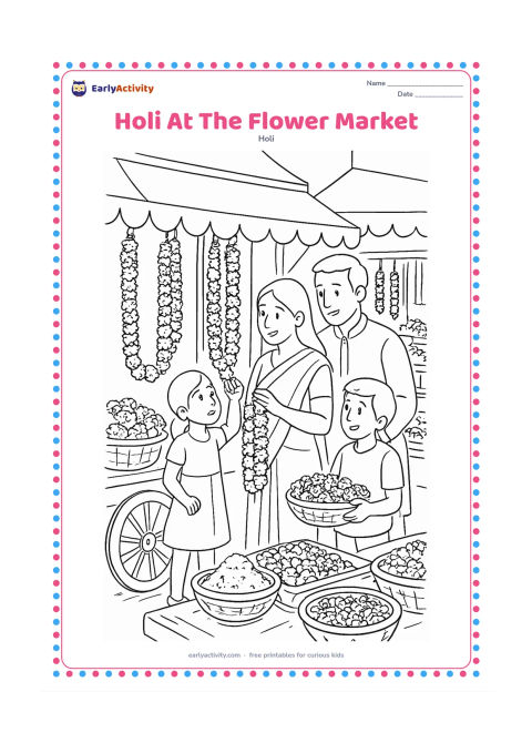 Colouring page: A family chooses marigold garlands and flower baskets at an Indian market during Holi. Show baskets, a handcart, hanging garlands, gulal bowls and shop awnings with completely blank…