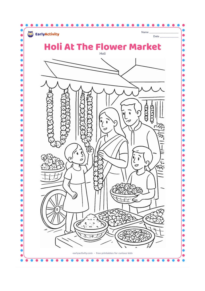 Colouring page: A family chooses marigold garlands and flower baskets at an Indian market during Holi. Show baskets, a handcart, hanging garlands, gulal bowls and shop awnings with completely blank…