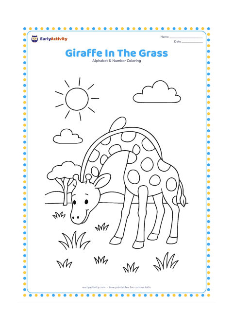 Colouring page: A smiling giraffe bends its long neck to nibble grass in a sunny savanna scene. Include a small acacia tree, several grass tufts, and distant rounded hills.