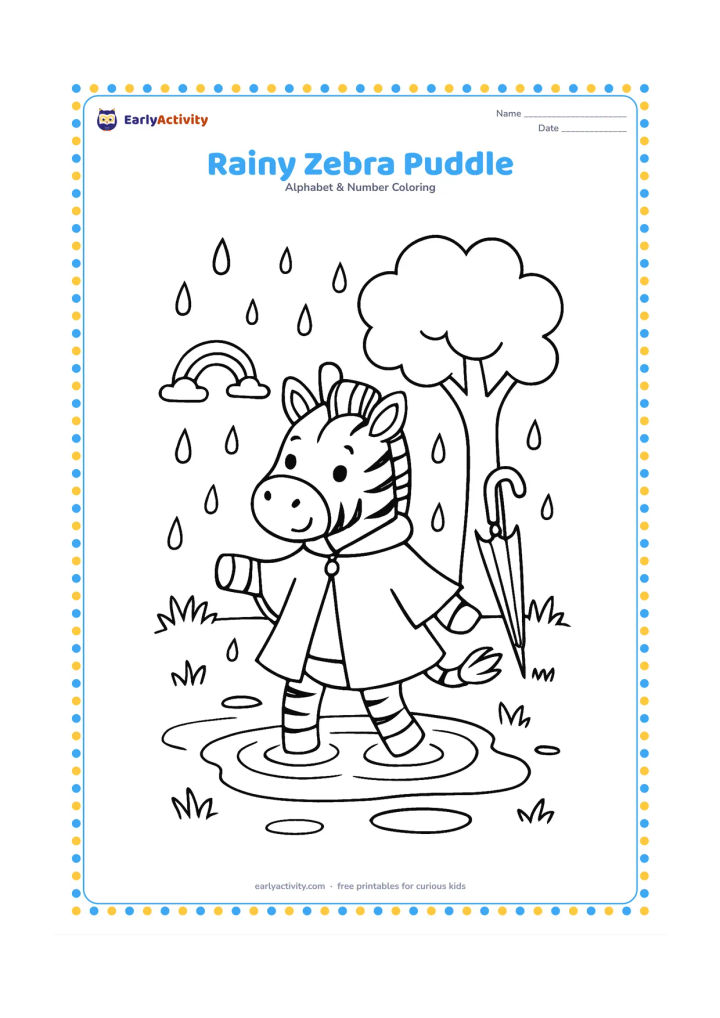 Colouring page: Draw a zebra wearing a simple rain cape and splashing gently in a puddle after a shower. Include an umbrella leaning against a tree, raindrops, wet grass and a small rainbow.