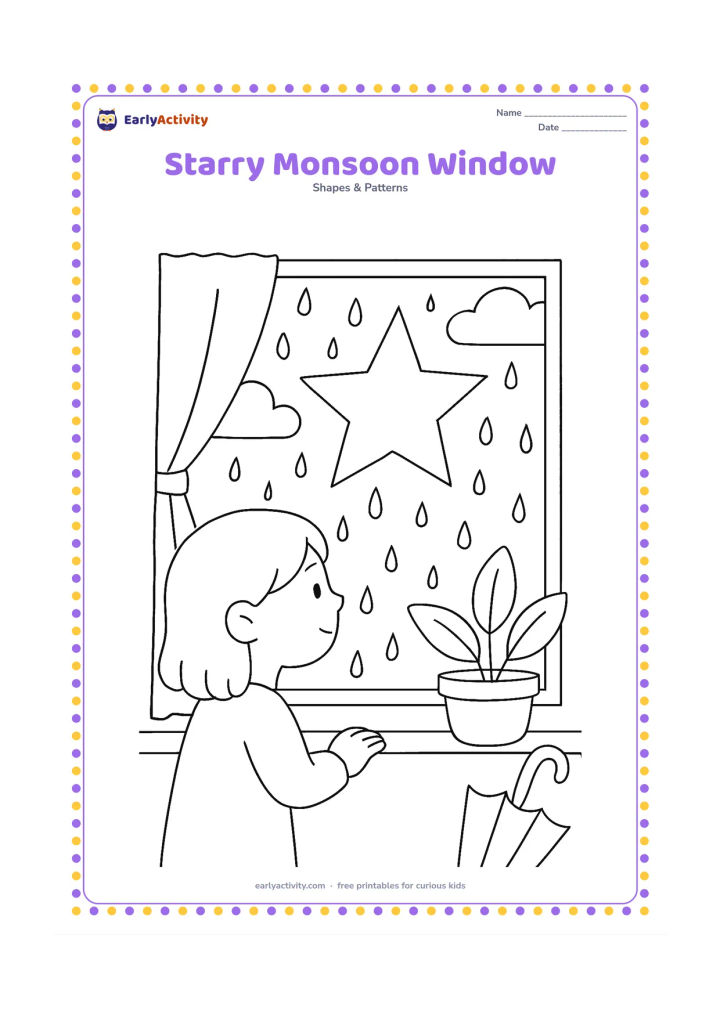 Colouring page: A child looks through a window after rain at a large five-point star between clouds, with raindrops on the glass, a plant and a small umbrella nearby.
