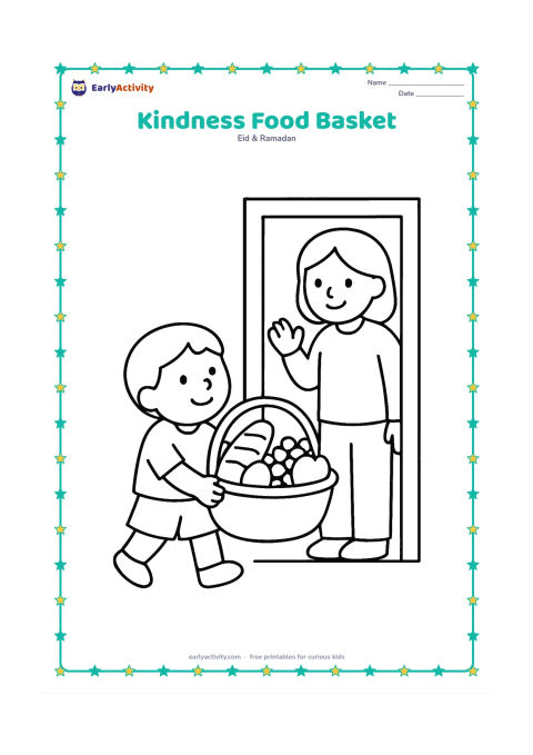 Colouring page: A child carries a large basket containing bread, dates, and fruit toward a smiling neighbour at a doorway.