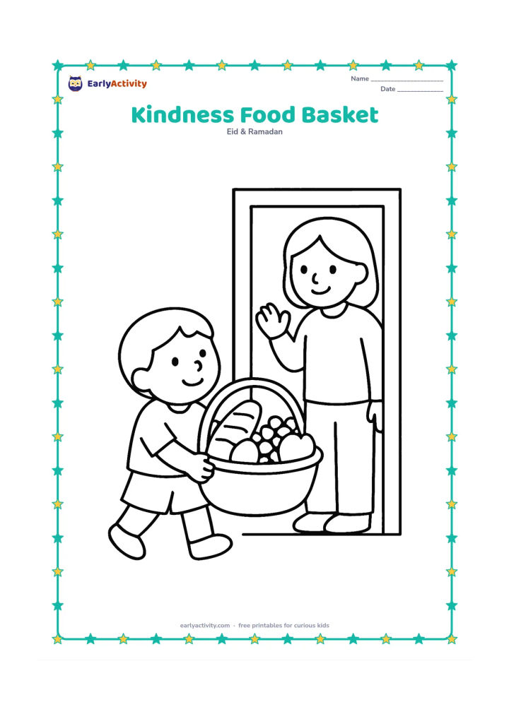 Colouring page: A child carries a large basket containing bread, dates, and fruit toward a smiling neighbour at a doorway.
