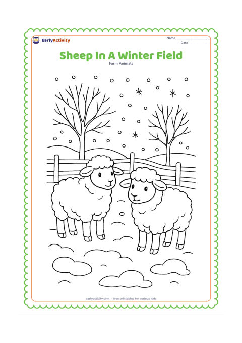Colouring page: Two sheep stand in a winter pasture with rounded snow patches, bare trees, a wooden fence and softly falling snowflakes. Their thick wool should contrast clearly with the cold landscape.