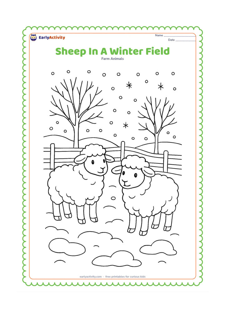 Colouring page: Two sheep stand in a winter pasture with rounded snow patches, bare trees, a wooden fence and softly falling snowflakes. Their thick wool should contrast clearly with the cold landscape.