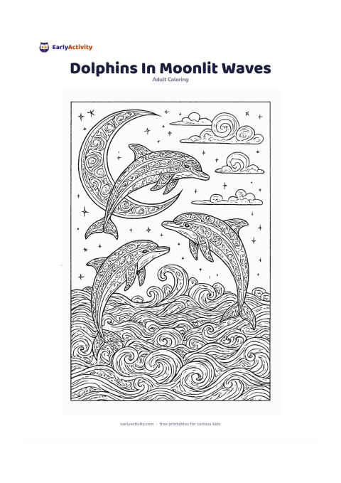 Colouring page: Three dolphins leap and turn together above moonlit ocean waves, with a large crescent moon, scattered clouds and sparkling wave patterns behind them. Use different poses so one dolphin…