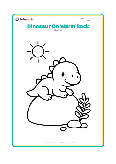 Colouring page: Draw a baby dinosaur lying happily on a large rounded rock beneath a simple sun. Place one fern and two small pebbles beside the rock.