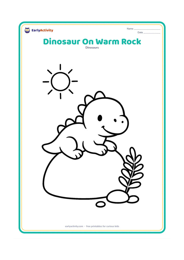 Colouring page: Draw a baby dinosaur lying happily on a large rounded rock beneath a simple sun. Place one fern and two small pebbles beside the rock.