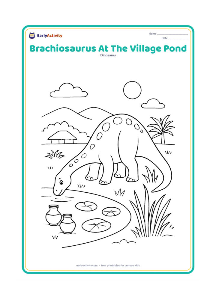 Colouring page: A brachiosaurus bends to drink beside a quiet Indian village pond, with simple clay pots near the bank and a distant thatched shelter without markings. Add lotus leaves, reeds, palm-like…