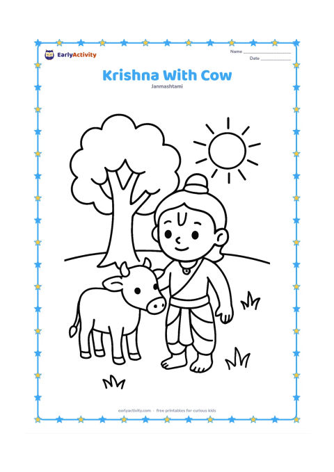 Colouring page: Draw young Krishna standing beside a friendly small cow, gently touching its head. Add one large tree, a sun and a few simple grass tufts in the background.