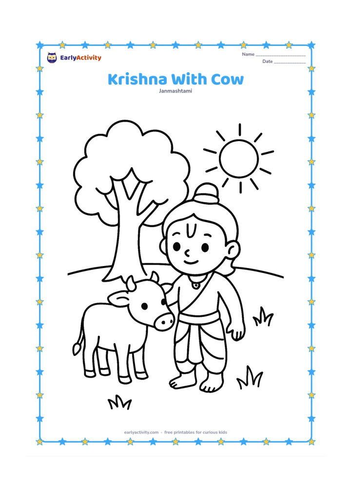 Colouring page: Draw young Krishna standing beside a friendly small cow, gently touching its head. Add one large tree, a sun and a few simple grass tufts in the background.