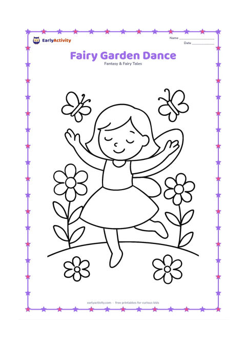 Colouring page: A fairy spins with both arms raised in a flower garden. Surround her with four large flowers, two butterflies and a low, curved garden border.