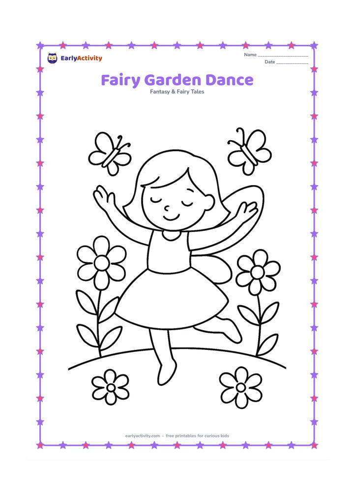 Colouring page: A fairy spins with both arms raised in a flower garden. Surround her with four large flowers, two butterflies and a low, curved garden border.