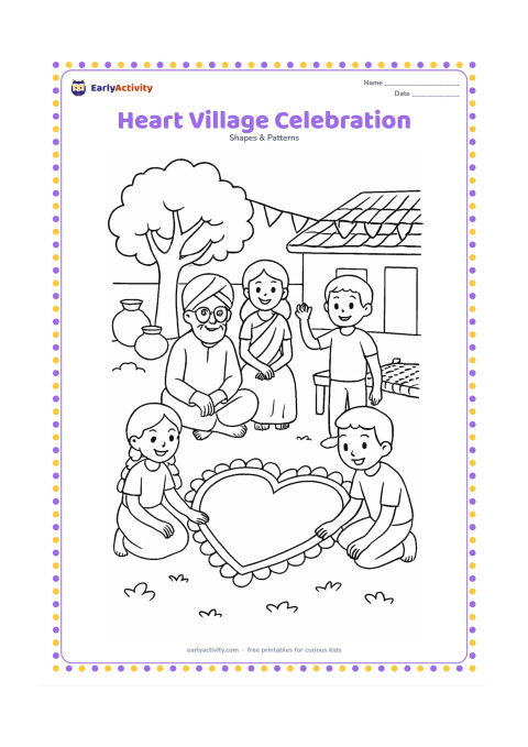 Colouring page: Children and grandparents gather in an Indian village courtyard around a large heart-shaped rangoli, with a tree, clay pots, bunting without markings, and a charpai.