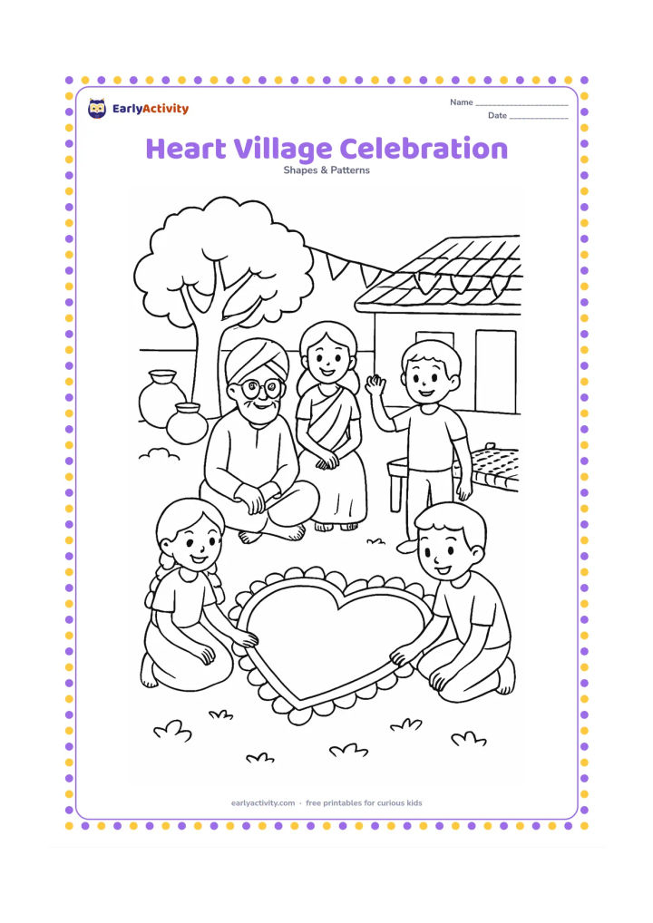 Colouring page: Children and grandparents gather in an Indian village courtyard around a large heart-shaped rangoli, with a tree, clay pots, bunting without markings, and a charpai.