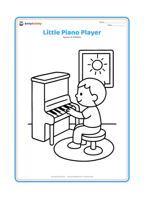 Colouring page: A small upright piano with a child seated on a round stool, one hand reaching toward the keys. Add a simple rug and a window with a sun outside.