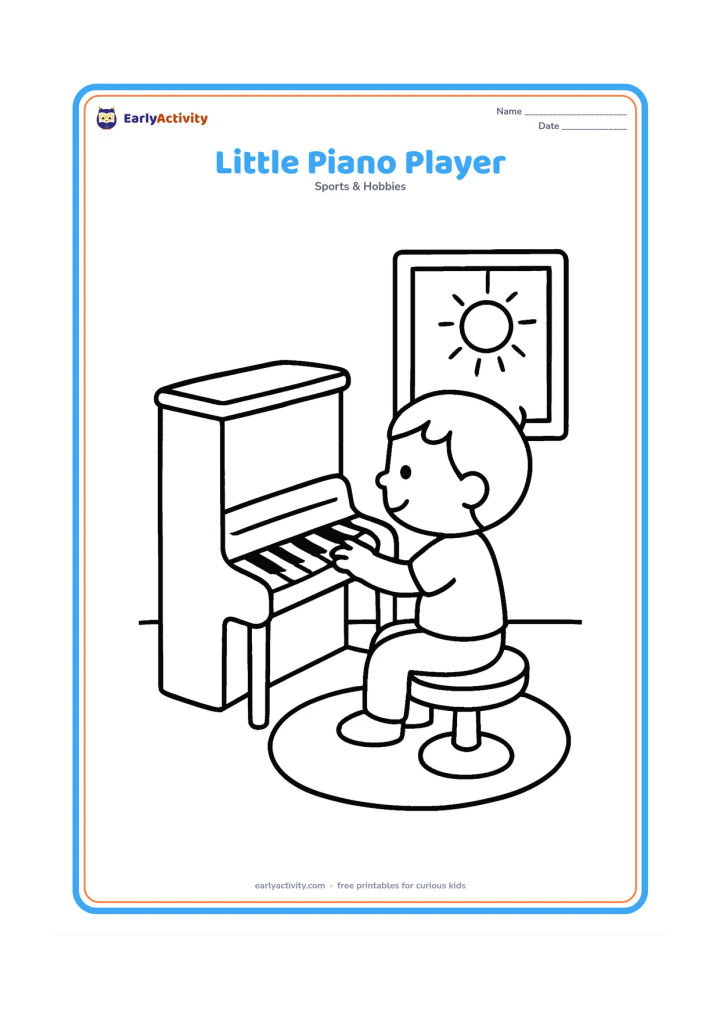 Colouring page: A small upright piano with a child seated on a round stool, one hand reaching toward the keys. Add a simple rug and a window with a sun outside.
