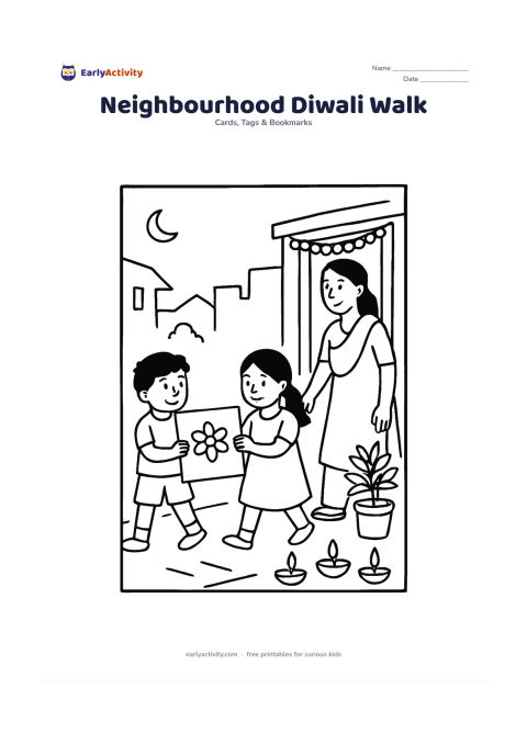 Worksheet: Draw two children carrying a decorated card toward a neighbour's doorway, with a parent walking beside them. Show a toran, potted tulsi plant, floor diyas and a quiet evening lane.