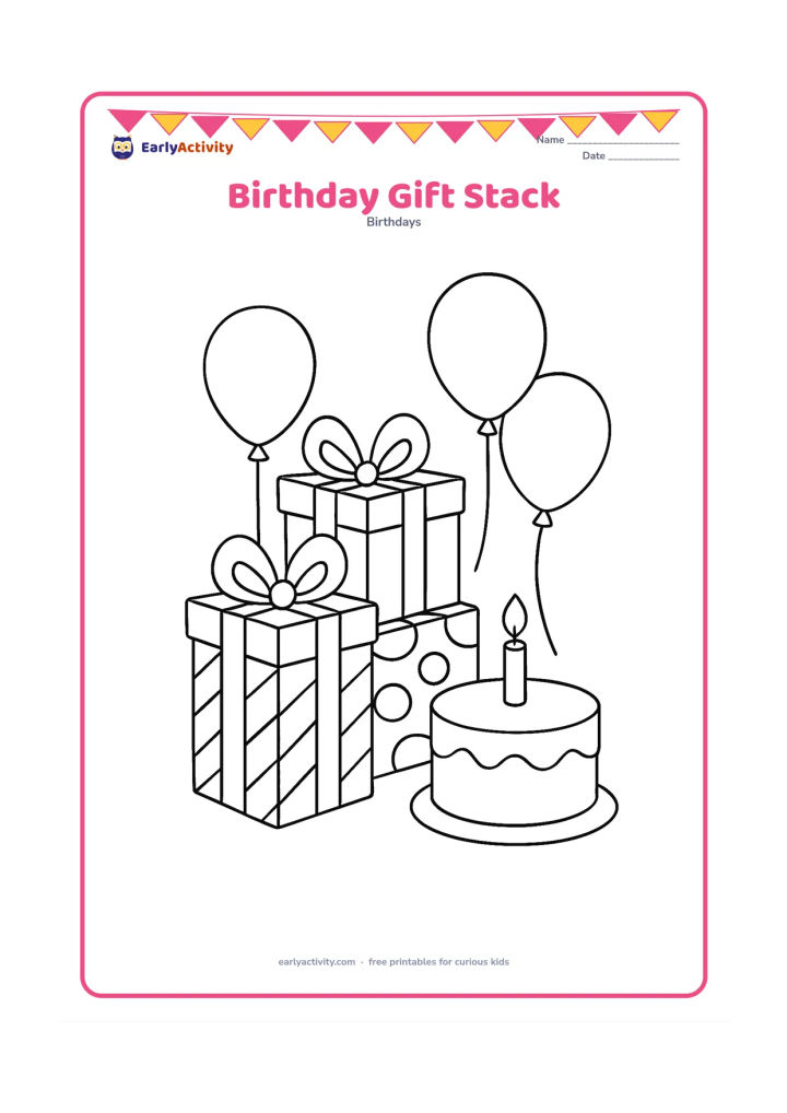 Colouring page: Three large wrapped gifts are stacked safely beside a small birthday cake with one candle. Show broad ribbons, simple bows, and a few round balloons in the background.