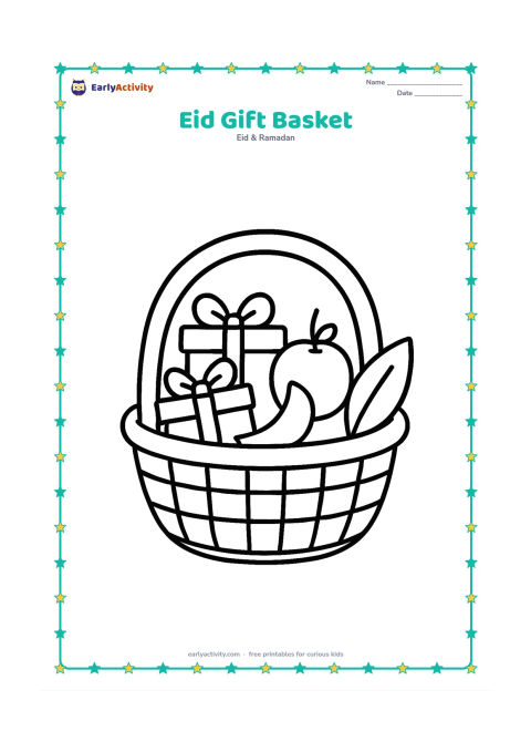 Colouring page: A large open basket holds wrapped gifts, fruit and a small crescent-shaped decoration, with two big leaves beside it. Place the basket in the centre of the page.