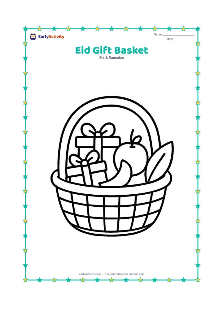 Colouring page: A large open basket holds wrapped gifts, fruit and a small crescent-shaped decoration, with two big leaves beside it. Place the basket in the centre of the page.