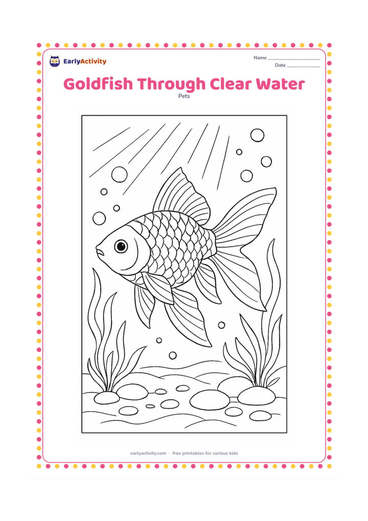 Colouring page: Draw a detailed underwater view of a goldfish swimming diagonally through clear freshwater, with visible gill covers, layered scales, flowing fins, light rays, bubbles, plants and…