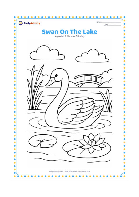 Colouring page: A graceful swan glides across a calm lake with reeds, lily pads and a small bridge in the distance. Show clear feather sections, soft water ripples and a bright open sky without any…