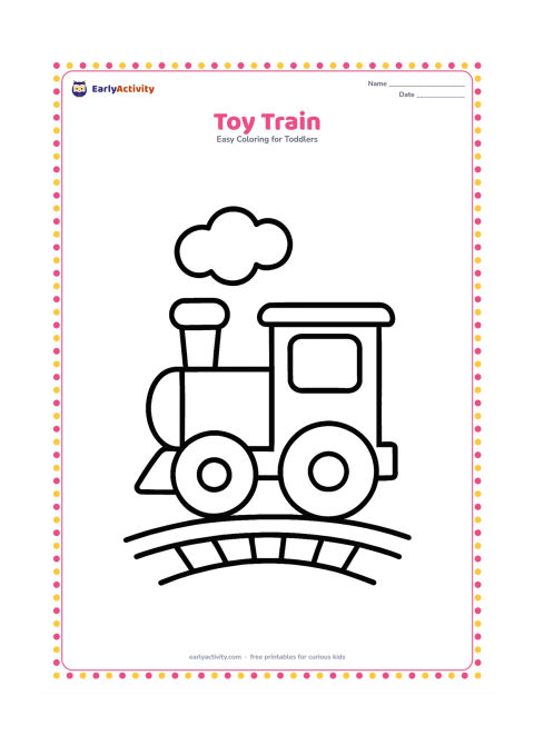 Colouring page: A simple toy train with one engine and two large round wheels moves along a short curved track. Add one puff-shaped cloud above the engine, with no markings on the train.