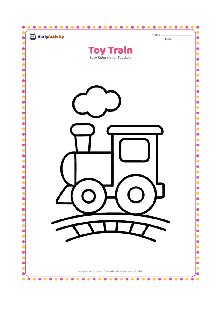 Colouring page: A simple toy train with one engine and two large round wheels moves along a short curved track. Add one puff-shaped cloud above the engine, with no markings on the train.