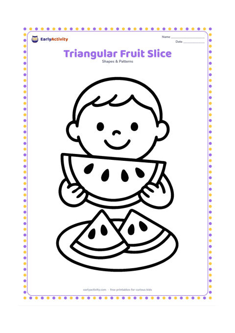 Colouring page: Show a child holding a large triangular watermelon slice with a curved rind and a few large seeds. Place two more triangular fruit slices on a plate beside the child.