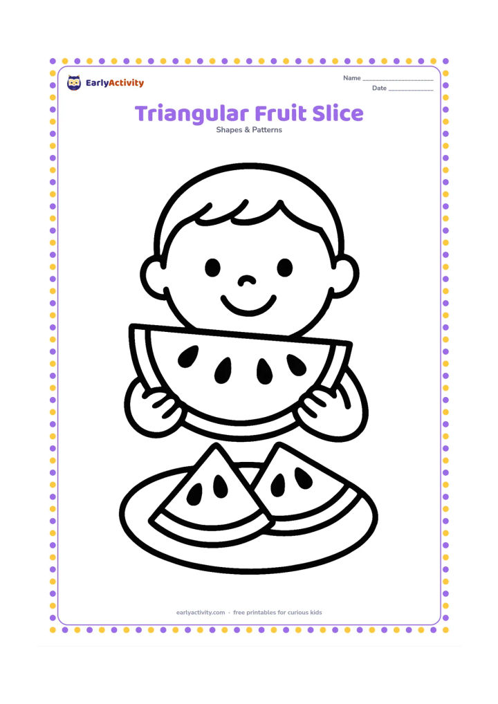Colouring page: Show a child holding a large triangular watermelon slice with a curved rind and a few large seeds. Place two more triangular fruit slices on a plate beside the child.