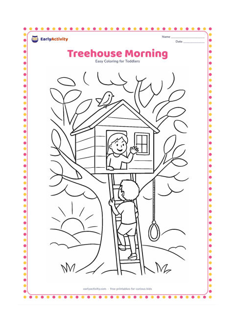 Colouring page: Draw a child climbing a ladder toward a small treehouse at sunrise, with a bird perched on the roof and another child waving from the doorway. Add thick tree branches, broad leaves, a…