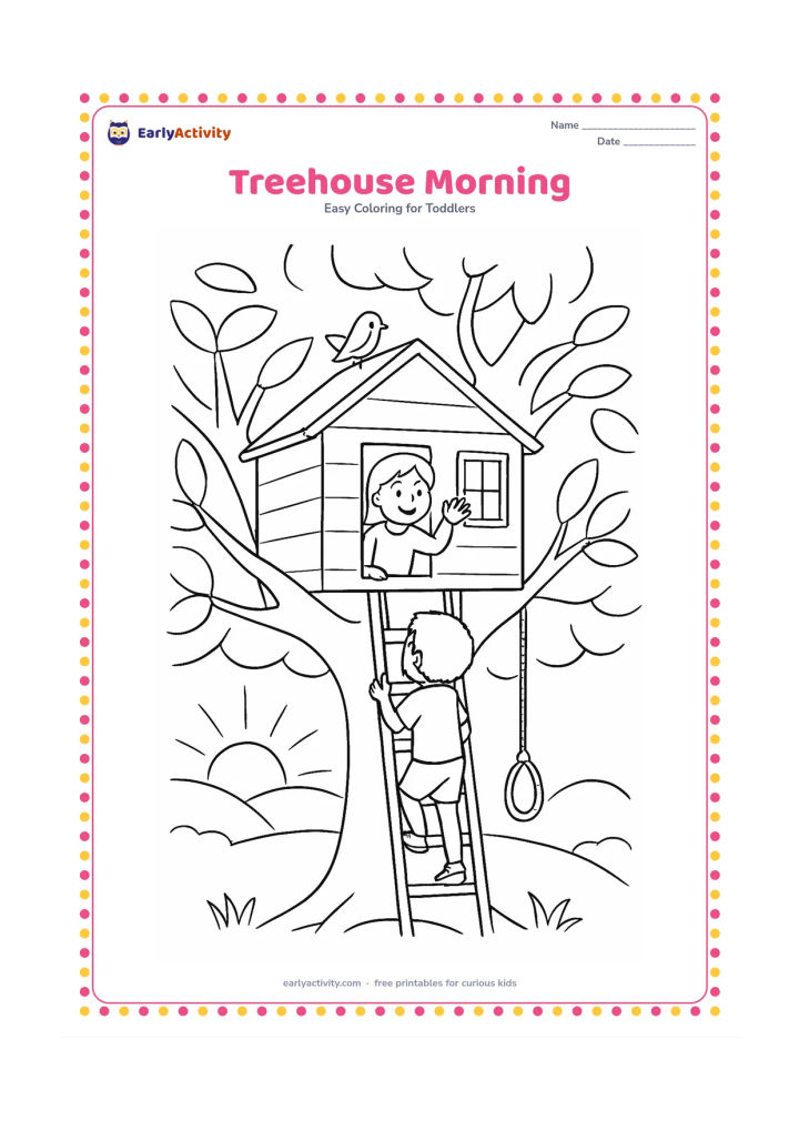 Colouring page: Draw a child climbing a ladder toward a small treehouse at sunrise, with a bird perched on the roof and another child waving from the doorway. Add thick tree branches, broad leaves, a…