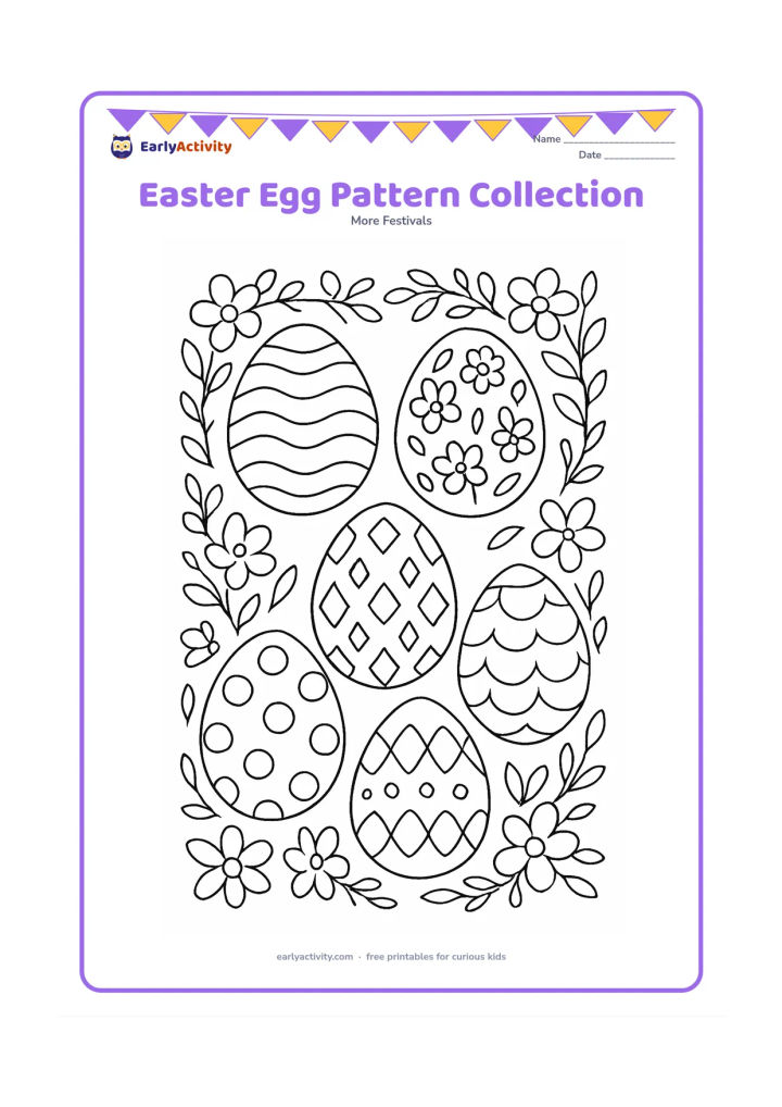 Colouring page: Arrange six large Easter eggs in a balanced display, each with a different repeating design such as waves, flowers, leaves, diamonds, scallops or broad dots. Surround them with a wreath…