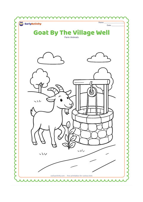 Colouring page: Draw a goat standing beside a low circular village well with a simple pulley and rope, while it reaches toward a leafy plant. Add a few distant trees and a plain farm path.