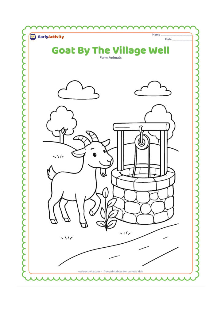 Colouring page: Draw a goat standing beside a low circular village well with a simple pulley and rope, while it reaches toward a leafy plant. Add a few distant trees and a plain farm path.