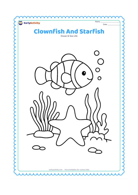 Colouring page: Show a clownfish swimming above a friendly five-armed starfish resting on the seabed. Add an anemone, gently waving seaweed, coral lumps, and a trail of bubbles.