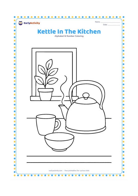 Colouring page: A kettle warms on a kitchen counter beside a cup, a bowl and a window with a leafy plant. A soft curl of steam rises toward the window.