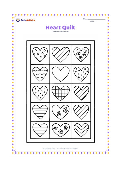 Colouring page: Show a rectangular quilt made from repeating heart blocks, with each block containing a different simple pattern such as dots, stripes, leaves, or checks.