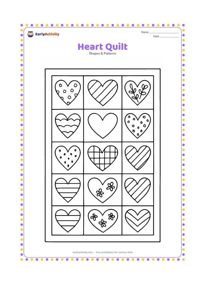 Colouring page: Show a rectangular quilt made from repeating heart blocks, with each block containing a different simple pattern such as dots, stripes, leaves, or checks.