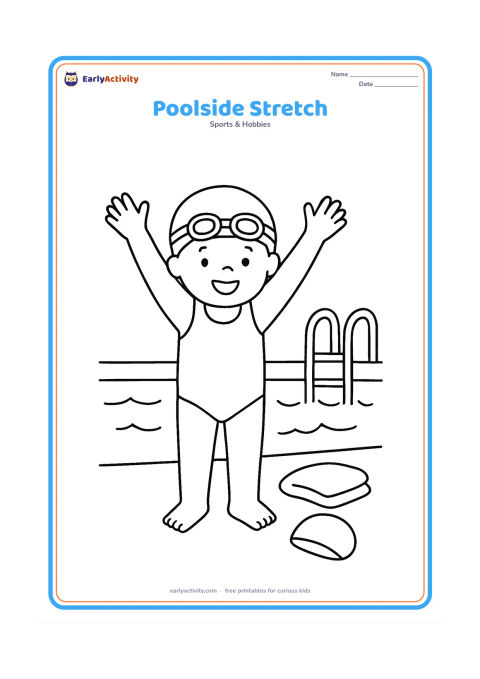 Colouring page: A child stretches both arms upward beside a swimming pool before entering the water, with a swimming cap, goggles and towel placed nearby. Show a simple pool ladder and calm water, with…