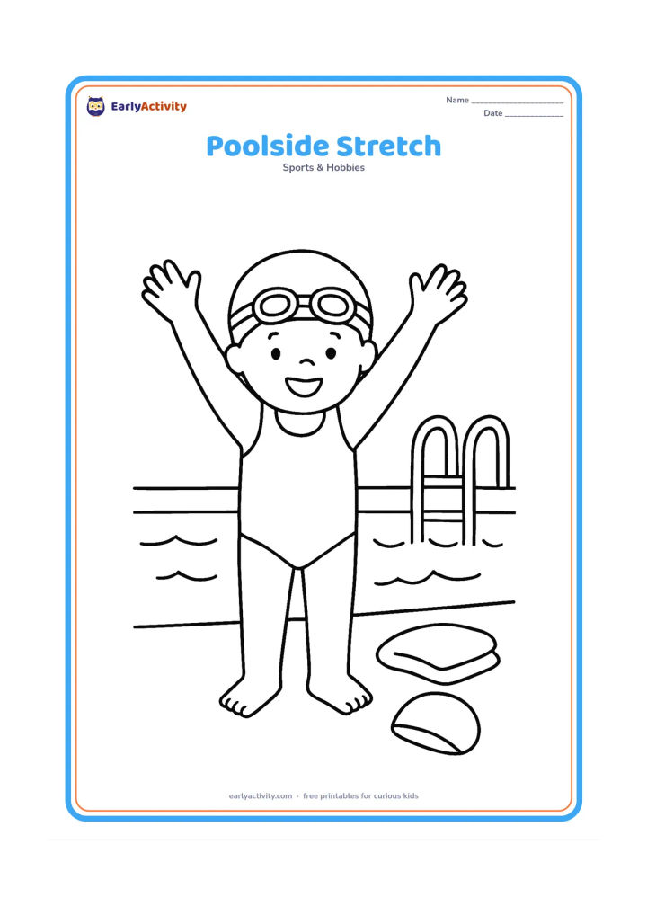 Colouring page: A child stretches both arms upward beside a swimming pool before entering the water, with a swimming cap, goggles and towel placed nearby. Show a simple pool ladder and calm water, with…