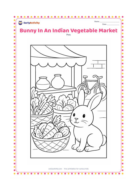 Colouring page: Draw a bunny sitting beside a low basket of vegetables in a lively but uncluttered Indian market scene. Include baskets of carrots, gourds, leafy greens, a fabric canopy, clay pots, and…