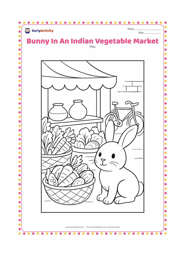 Colouring page: Draw a bunny sitting beside a low basket of vegetables in a lively but uncluttered Indian market scene. Include baskets of carrots, gourds, leafy greens, a fabric canopy, clay pots, and…