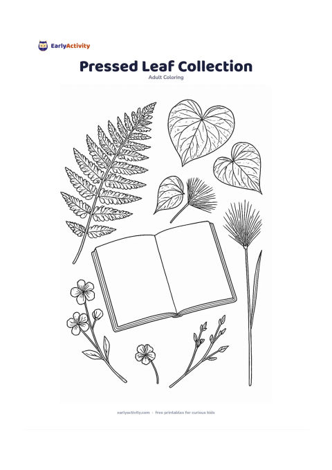Colouring page: Arrange several pressed botanical specimens on a blank tabletop: fern fronds, heart-shaped leaves, a grass head, and small flowers. Include a simple open folio and loose stems, but no…